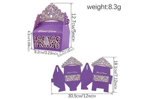 Detailed size specifications for purple crown-shaped wedding favor boxes with Sweet Love print