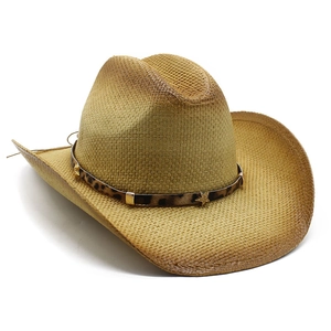 Western straw cowboy hat with leopard print band and star accents for outdoor sun protection