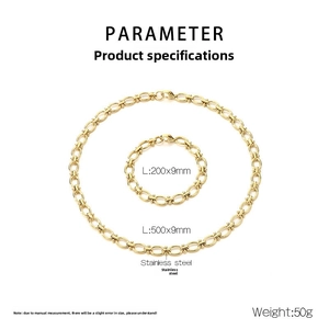 Detailed view of 18K gold plated stainless steel Cuban chain necklace and bracelet set