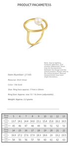 Size chart for S925 silver pearl ring showing inner diameter and finger circumference