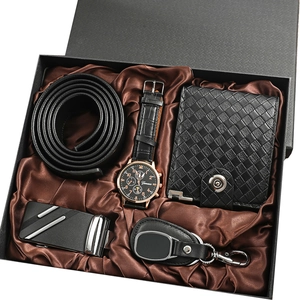 5-piece men's business gift set featuring leather watch, belt, wallet, and keychain in box