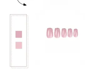 Close-up of nude pink square-round press-on nails with silver glitter tips and glossy finish