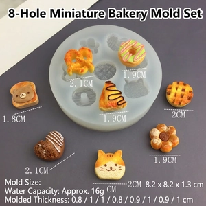 8-cavity silicone mold for mini bread, donuts and cats, with dimensions 8.2x8.2x1.3cm