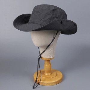 Detailed view of dark grey quick-dry sun hat with adjustable windproof chin strap