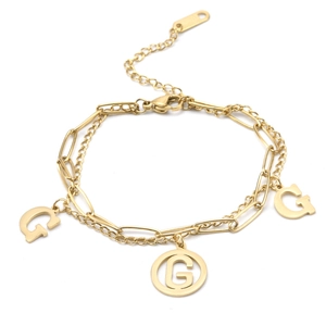 Elegant gold double-layer stainless steel bracelet featuring hollow G-letter pendants