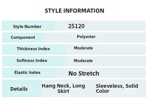 Detailed size chart and material specs for the backless sleeveless halter neck maxi dress