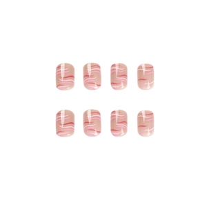 Pink and red wave pattern short press-on nails set with glossy finish on white background