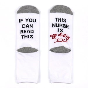 Funny nurse cotton socks with IF YOU CAN READ THIS off duty text on the soles