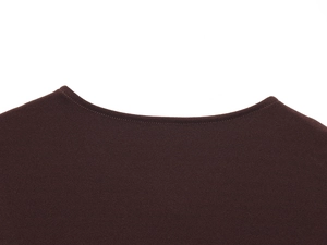 Macro view of a dark brown sleeveless top neckline showing fine fabric texture and stitching
