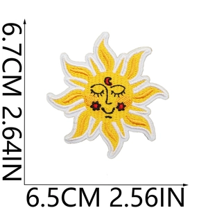 Detailed view of yellow sun face embroidered patch with dimensions 6.7x6.5 cm