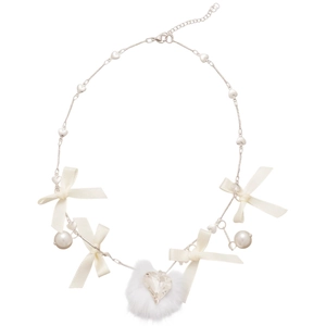 Elegant silver necklace featuring white ribbon bows, pearls and heart crystal with fur ball