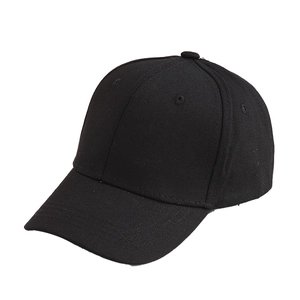 Classic black cotton twill baseball cap with six-panel structure and curved brim on white background