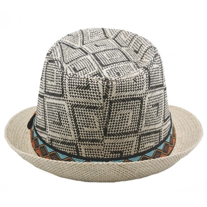 Men's summer straw jazz hat with geometric woven patterns and ethnic style decorative band