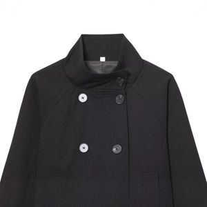 Women's chic black stand-collar cropped jacket with double-breasted buttons and raglan sleeves