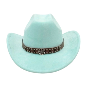 Detail of light blue western cowboy hat with leather band and metal buckle ornament