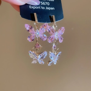 Pink and clear crystal butterfly dangle earrings with gold plating for women