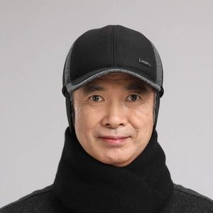 Winter thermal baseball cap with ear flaps and black knitted scarf for elderly men