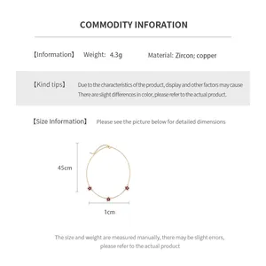 Detail showing 45cm copper chain length and 1cm zircon flower pendant size measurements