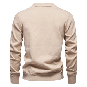 Rear view of beige men's V-neck knit cardigan sweater with sharp texture details