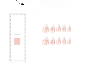 Detail of white French press-on nails featuring 3D bears, pearls, and pink heart charms