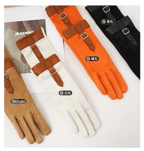 Collection of women's suede touch-screen gloves in khaki, white, orange, and black tones