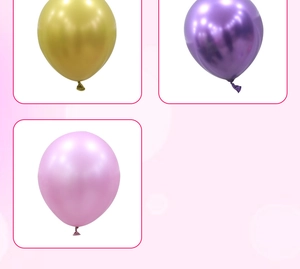 Detailed view of 10 inch metallic latex balloons in gold, purple, and pink colors