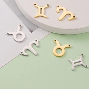 Polished 15mm stainless steel zodiac charms for DIY jewelry in gold and silver finish