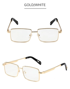 Detail view of gold rectangular metal frame glasses with clear lenses from multiple angles