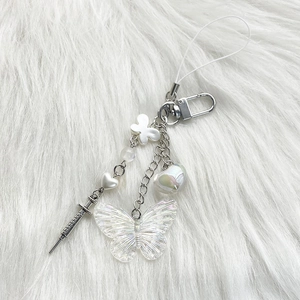 Dreamy Y2K iridescent butterfly phone strap with heart beads and silver syringe pendant