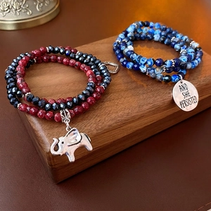 Bohemian multi-layer beaded bracelets with silver elephant charm and engraved round tag
