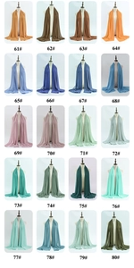 Detailed catalog of chiffon hijabs in 20 colors showing elegant drape on white mannequins