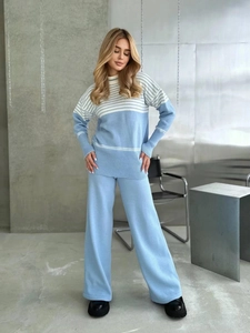 Ensemble Tricot Rayé Pour Femmes Pull À Manches Longues Col Rond Et Pantalon Large Tenue Décontractée Automne Hiver