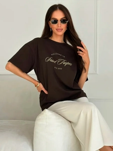 Oversized dark brown 100% cotton T-shirt with vintage gold Saint Tropez lettering