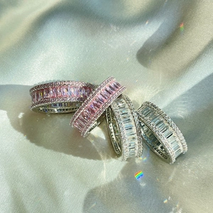 Elegant s925 silver stackable rings featuring pink and white rectangular zircon stones