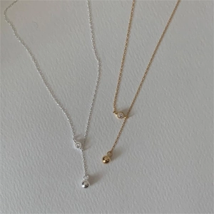 S925 sterling silver heart Y-necklace with zircon pave circle and gold ball pendant