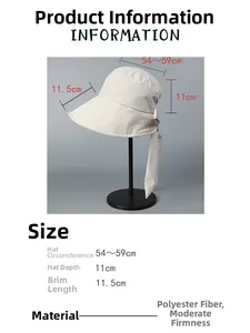 Detail of cream sun hat with bow showing 54-59cm circumference and 11cm depth specs