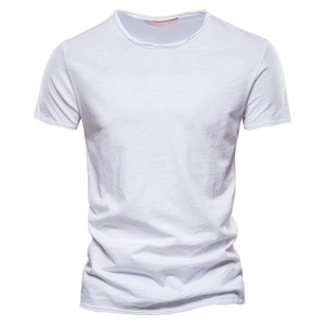 Close-up of premium white slub cotton fabric and V-neckline detail on a men's t-shirt