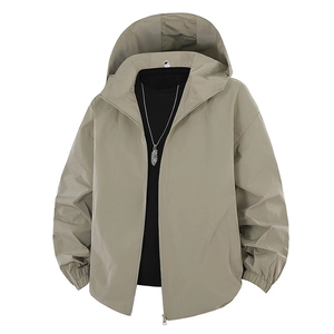 Men's khaki hooded windbreaker jacket with zipper closure and elastic cuffs in casual style