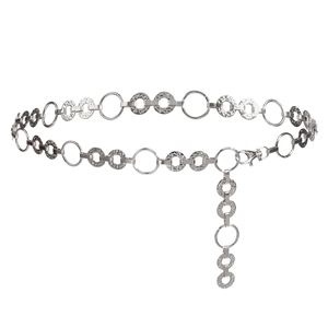 Cintura a catena argento con dischi metallici martellati e chiusura a moschettone