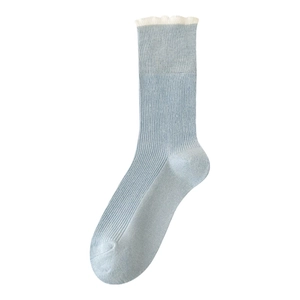 Light blue knit crew socks featuring white lettuce trim and vertical ribbed texture
