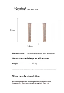 Detailed size and material specs for long square tassel earrings with 925 silver pins