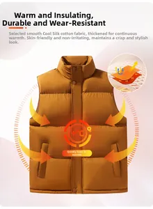 Detail of warm brown padded vest showing snap button closure and durable cotton fabric texture