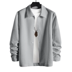 Men's light grey casual jacket with geometric embossed texture and classic lapel collar