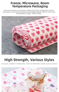 Greaseproof food wrapping paper with red heart patterns for cold and microwave use