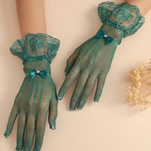 Elegant dark green lace mesh bridal gloves with ruffled cuffs and rhinestone bow detail