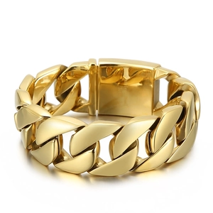 Polished 18k gold plated stainless steel chunky Cuban link bracelet with a box clasp
