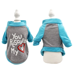 Close-up of sky blue and grey raglan pet hoodie with You Rescued My heart print