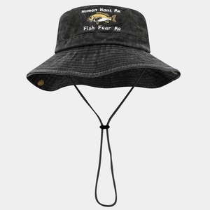 Detail of embroidered fish pattern and funny quote on dark grey washed cotton bucket hat
