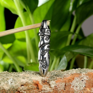 Men's stainless steel necklace with silver dragon wrapped dagger pendant in nature