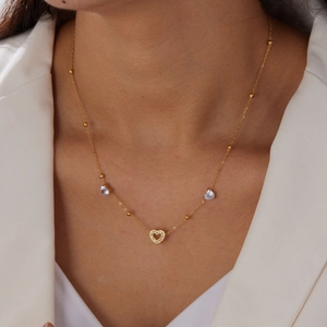 Gold-plated stainless steel heart necklace with micro-pave crystals on a bead chain